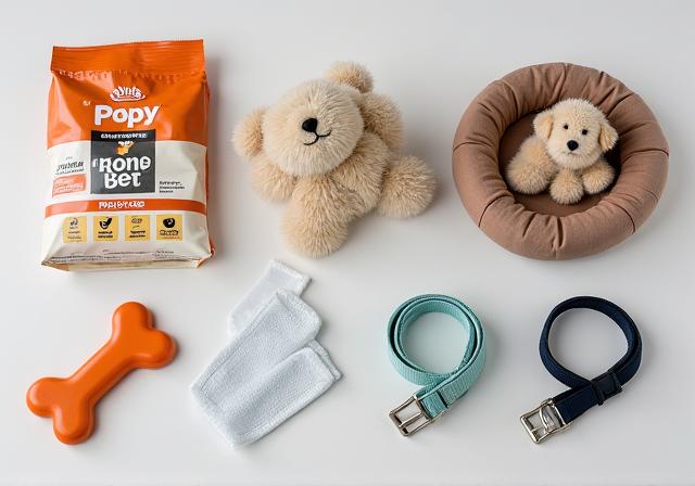 A complete starter kit for a new puppy, including food, toys, a bed, and training pads.