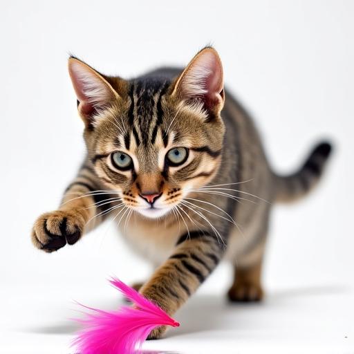 A tabby cat playing with a feather wand.