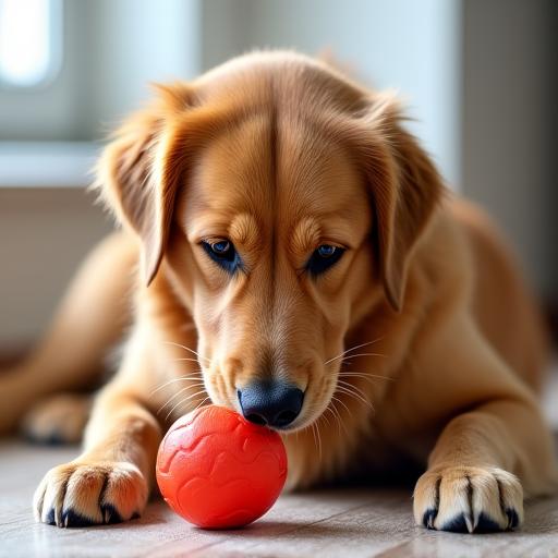 A golden retriever chewing on a durable toy.