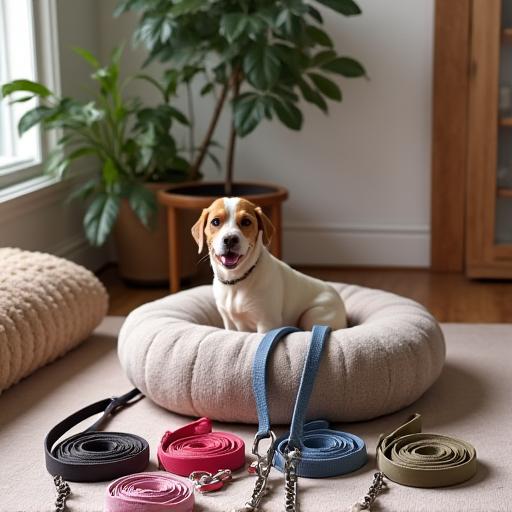 A collection of stylish collars, leashes, and pet beds.