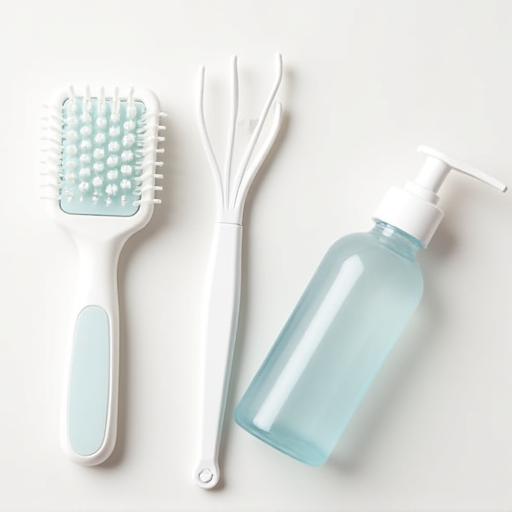 Grooming tools including a brush and pet-friendly shampoo.